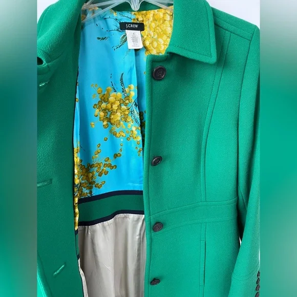 J.Crew wool classic coat, emerald green, turquoise and gold floral lining size 6 - Picture 3 of 10